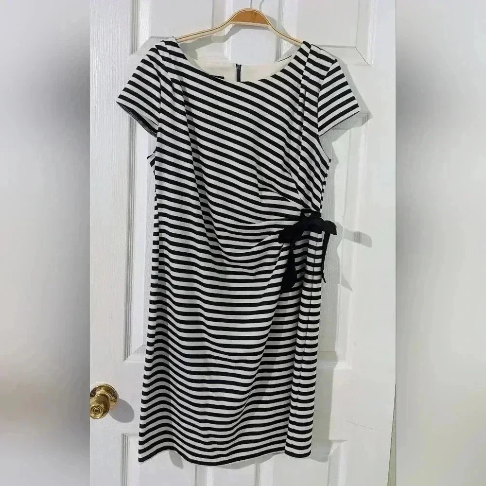 Spense Striped Sheath‎ Dress Black White Sleeveless Tie Waist Career Cocktail 14